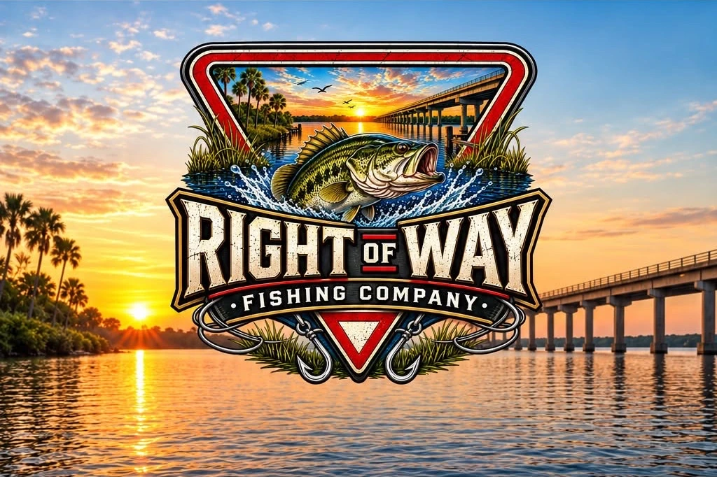 Right of Way Fishing Company bass emblem over a sunset waterway, palms, and a bridge.
